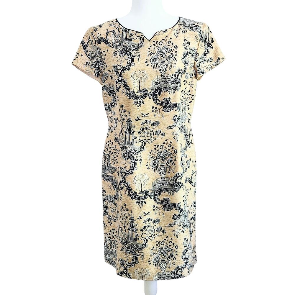 Talbots 100% Silk Sheath Dress – Asian Motif Beige & Black Women's Size 10